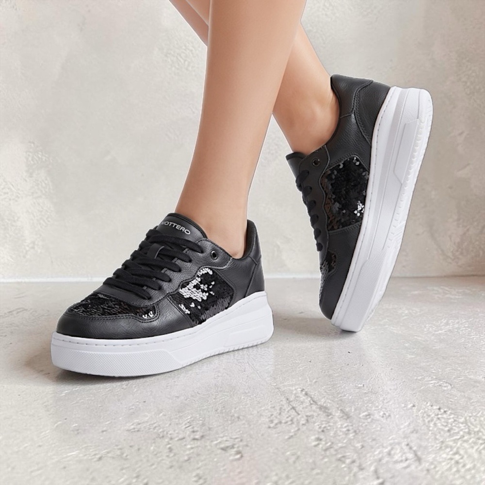 Bottero Women’s Leather Sequin Black White Platform Lace Up Sneakers Sz 37, 6.5